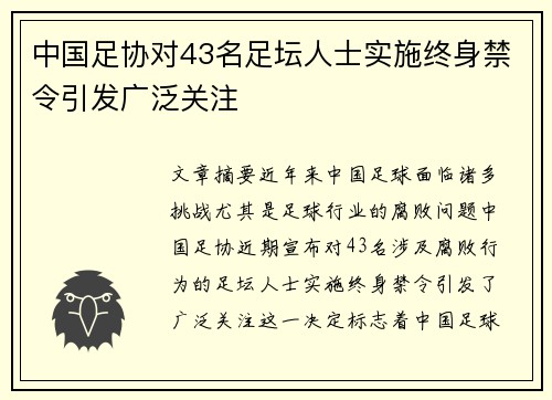 中国足协对43名足坛人士实施终身禁令引发广泛关注 中国足协对43名足坛人士实施终身禁令引发广泛关注