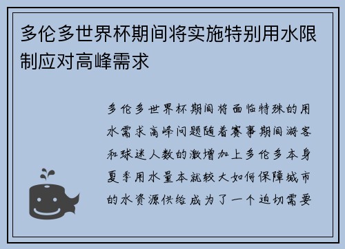 多伦多世界杯期间将实施特别用水限制应对高峰需求